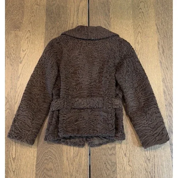 Swakara Karakul Persian Lamb Eco-Fur Coat Women’s S Brown Wood Buttons Buckle